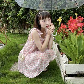 Spaghetti-strap Floral Print Mini A-line Dress Pink - One Size