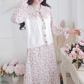 Floral Long-sleeve Midi A-line Dress / Knit Vest / Set