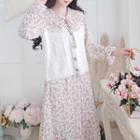 Floral Long-sleeve Midi A-line Dress / Knit Vest / Set