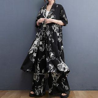 Set: Elbow-sleeve Floral Long Jacket + Wide Leg Pants Black - One Size