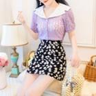 Short-sleeve Lace Blouse / Floral A-line Skirt