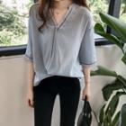 Elbow-sleeve  V-neck Embroidered Blouse