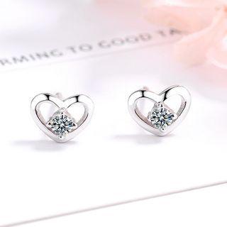 S925 Sterling Silver Rhinestone Heart Stud Earring As Shown In Figure - One Size
