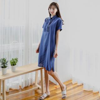 Short-sleeve Pintuck-front Midi Shirtdress (l~xl)