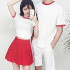 Couple Matching High Waist Pleated Skirt / Contrast Trim Short-sleeve T-shirt