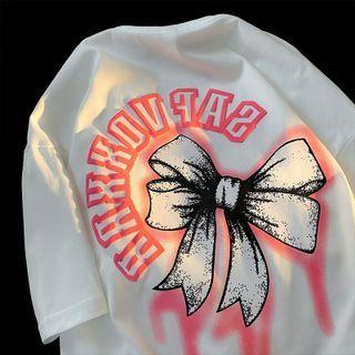 Elbow-sleeve Lettering Bow Print T-shirt