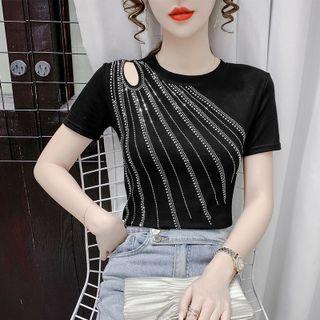 Short-sleeve Cutout Rhinestone Embellished T-shirt