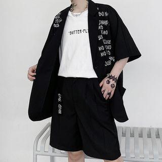 Set: Short-sleeve Lettering Blazer + Straight Leg Shorts