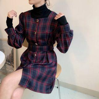 Plaid Square-neck Long-sleeve Dress As Figure - One Size