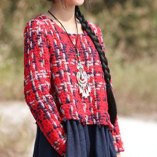 Mock Two-piece Tweed Panel Long-sleeve Maxi Dress