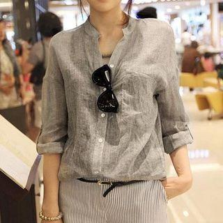 Elbow-sleeve Band Collar Linen Light Shirt