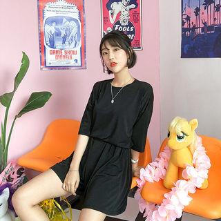 Set: Plain Boxy-fit T-shirt + Band-waist Shorts