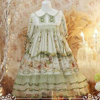 Elbow-sleeve Collared Printed Lolita Dress
