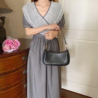 Lace Panel V-neck Gingham Midi A-line Dress