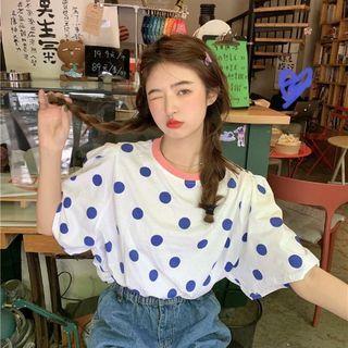 Puff-sleeve Dotted T-shirt White - One Size