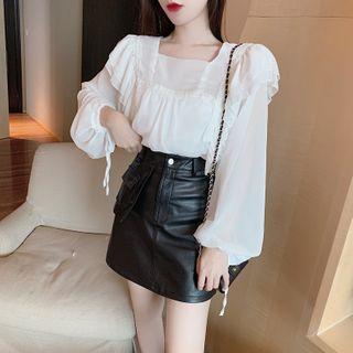 Square-neck Ruffle Blouse / Faux Leather A-line Skirt