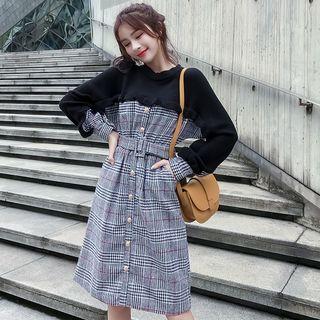 Mock Two-piece Long-sleeve Knit Panel A-line Plaid Dress