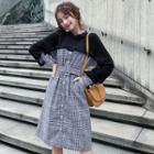 Mock Two-piece Long-sleeve Knit Panel A-line Plaid Dress