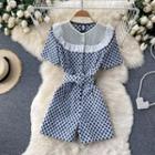 Round-neck Mesh Panel Lace Plaid Playsuit