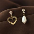 Rhinestone Heart Faux Pearl Asymmetrical Dangle Earring 1 Pair - C-139 - Gold - One Size