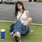 High Waist Distressed Wide Leg Jeans / Crop Tank Top