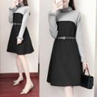 Furry Collar Color Block A-line Dress With Belt