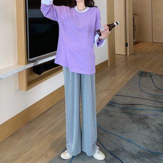 Long-sleeve Contrast Trim T-shirt / Wide Leg Pants