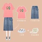Cartoon Print Elbow-sleeve T-shirt / Midi A-line Denim Skirt
