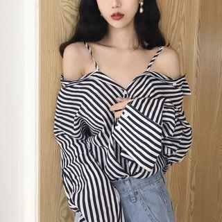 Pinstripe Off-shoulder Spaghetti Strap Long-sleeve Blouse
