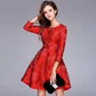 Embroidered 3/4 Sleeve A-line Cocktail Dress