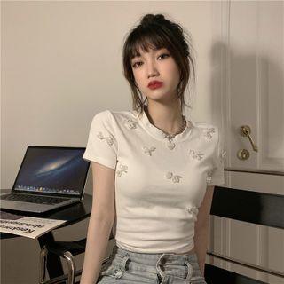 Short-sleeve Beaded Bow Cropped T-shirt