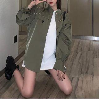 Rhinestone Shirt / Printed Elbow-sleeve T-shirt