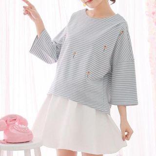 Embroidered Striped 3/4-sleeve T-shirt