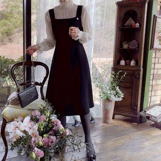 Faux-pearl Tie-waist Suspender Dress Black - One Size