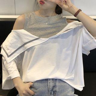 Mock Two-piece Cold Shoulder Top