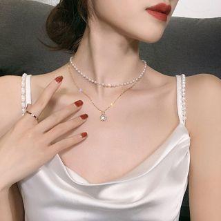 Faux Pearl Pendant Layered Necklace White - One Size