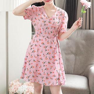Puff-sleeve Dotted Floral Wrap Dress