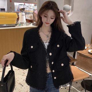 Long-sleeve Frayed Tweed Jacket