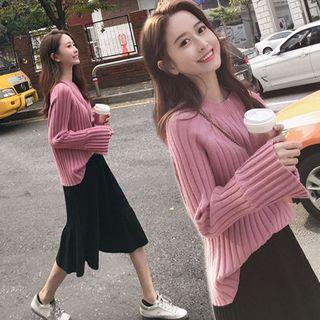 Bell-sleeve Ribbed Knit Top + High-waist A-line Skirt