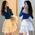 Cold Shoulder Knit Top / Tiered A-line Skirt
