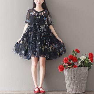 Set: Floral Print Short Sleeve Tiered Dress + Slipdress
