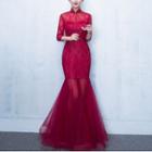 3/4-sleeve Lace Panel Mermaid Evening Gown
