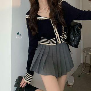 Striped Trim Sailor Collar Cardigan Navy Blue - One Size