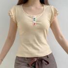 Scoop-neck Short Sleeve Ruffled-trim Crop Top