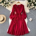 V-neck Bow-accent Lantern-sleeve Dress