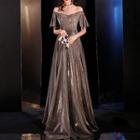 Off-shoulder Faux Pearl Applique A-line Evening Gown
