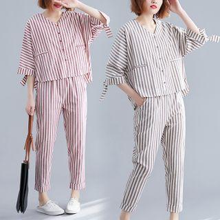 Set: Striped 3/4-sleeve Top + Cropped Straight-cut Pants