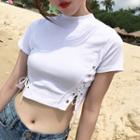 Lace Up Detail Mock Neck Short Sleeve Cropped Top
