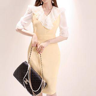 Lantern-sleeve Color-block Ruffled Sheath Dress