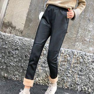 Fleece Panel Faux-leather Cropped Pants